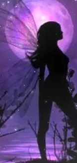 Silhouette of a fairy against a purple moonlit background with stars.