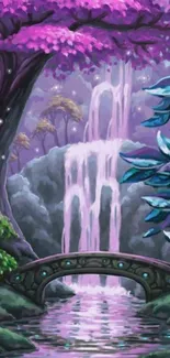 Magical purple forest with waterfall and lush foliage wallpaper.