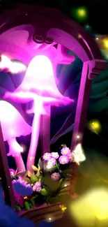 Purple lantern with glowing mushrooms and flowers in a mystical setting.