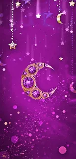 Purple wallpaper with a gem-studded moon and stars on a mystical background.