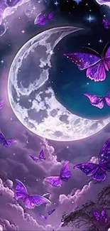 Purple moon with butterflies and clouds on a dark background.