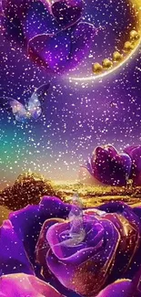 Magical purple roses with glowing butterflies under a crescent moon in a dreamy landscape.