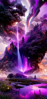 Magical purple storm landscape with vibrant clouds.