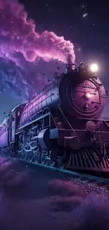 Purple train travels through a starry night, emitting magical colored smoke.