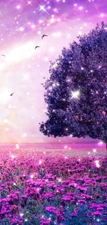 Purple tree in magical starry landscape.