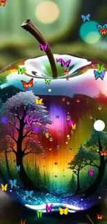 Rainbow apple with butterflies and trees mobile wallpaper