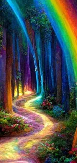 Magical rainbow-lit forest path under a vibrant canopy.