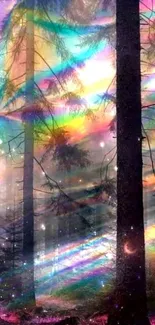 Colorful rainbow-lit forest with mystical atmosphere.