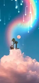 A colorful rainbow arches over fluffy clouds with palm trees, creating a serene sky scene.