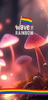 Vibrant mobile wallpaper with rainbow-lit mushrooms.