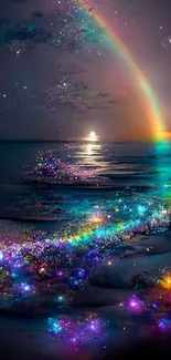 Magical night sky with rainbow and ocean scene wallpaper.