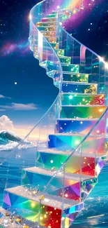 Colorful spiral stairway in a fantasy scene under a starry sky.