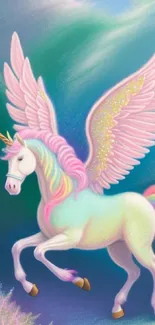 Vibrant unicorn with rainbow mane and wings on a blue background.