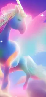 A dreamy rainbow unicorn with wings flying through pink clouds.