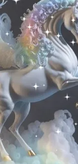 A unicorn with a rainbow mane rears up on clouds against a dark background.