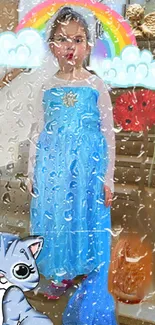 Child in blue dress with cartoon cat and rainbow, rain effect.