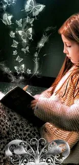 Girl reading with magical butterflies swirling around.