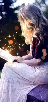 A girl reads a glowing book in a magical, serene outdoor setting.