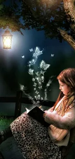 Girl reading by lantern light under a tree, surrounded by glowing butterflies.