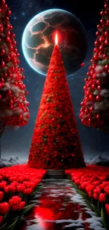 Magical Christmas tree with red tulips under a starry sky.