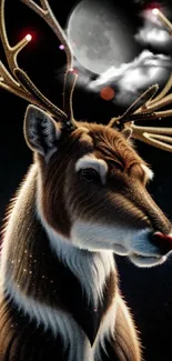 Reindeer with glowing antlers under a moonlit sky.