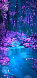 Magical river in an enchanting forest with vibrant purple and blue hues.