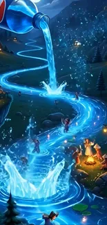 Whimsical scene with magical river and bottle on phone wallpaper.