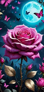 A mystical rose garden under a full moon with butterflies.