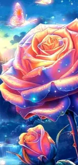 Ethereal fantasy artwork with vibrant roses and butterflies under a starry night sky.