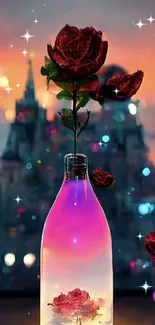 Magical rose in bottle with castle backdrop, glowing lights.