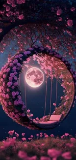 Dreamy moonlit rose swing in a magical garden scene.