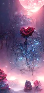 Magical rose in moonlight with glowing purple and pink hues for a dreamy wallpaper.