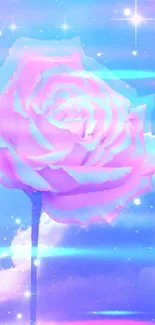 Pink and blue rose with celestial background on mobile wallpaper.