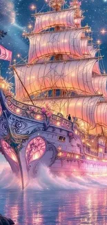Fantasy sailing ship under a starry sky.