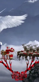 Santa in sleigh, unicorn flying in dark sky, reindeer below.