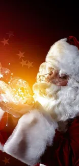 Santa Claus with magical glowing effects in a festive wallpaper.