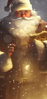 Santa Claus holds a glowing gift in a snowy Christmas scene.