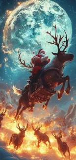 Santa riding reindeer in moonlit sky with a magical glow.