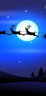 Santa's sleigh under a full moon in a starry night sky.