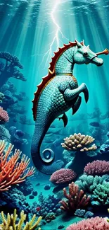 Magical seahorse floating above vibrant coral reef, teal blue water background.