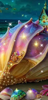 Magical seashell on a fantasy beach with glowing lights and a serene ocean backdrop.