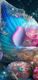 Vibrant seashell fantasy art with intricate floral and ocean designs.