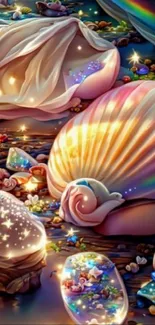 Fantasy seashell scene with magical colors and dreamy elements.