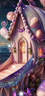 Magical seashell house with butterflies by the ocean.