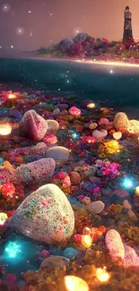 Colorful rocky seashore with lighthouse and glowing lights.