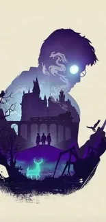 Magical silhouette art wallpaper of wizard and castle scene.