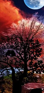 Silhouetted tree against colorful sky with full moon.