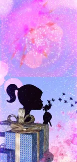 Silhouette of a girl with a cat under sparkling pink and purple sky.