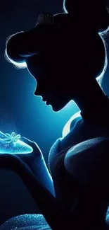 Silhouette of a princess with a glowing glass slipper against a blue background.