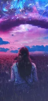 Woman gazing at purple night sky with stars and clouds.